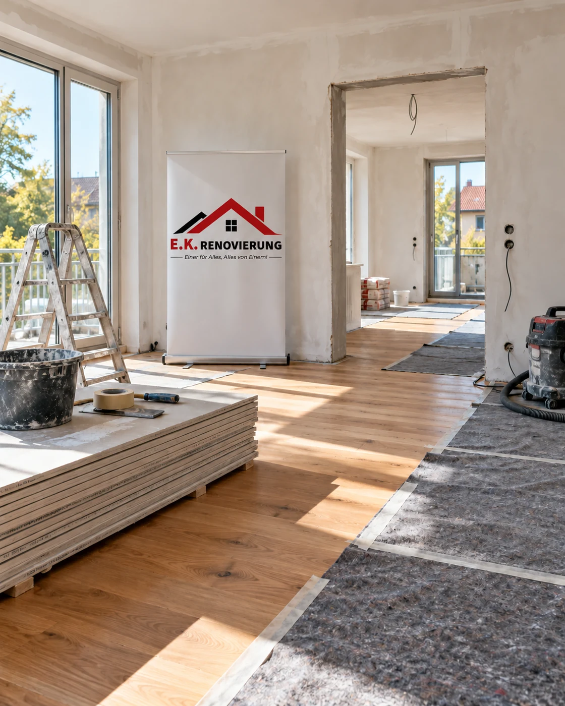 Baustelle von E.K. Renovierung in Waldkraiburg mit Firmenbanner und neu verlegtem Boden