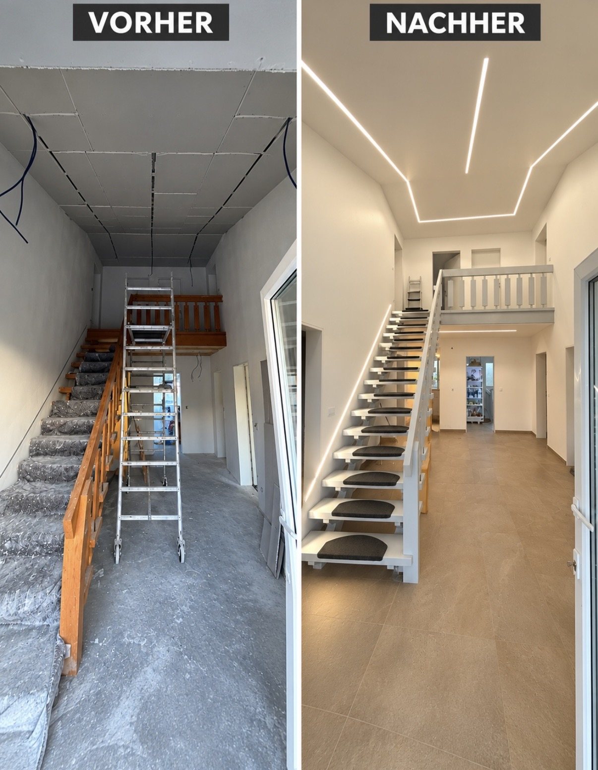 Treppenhaus in Waldkraiburg vor und nach dem Trockenbau mit LED-Lichtleisten