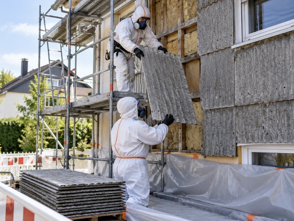 Asbestsanierung an einer Fassade in Schutzanzügen – E.K. Renovierung
