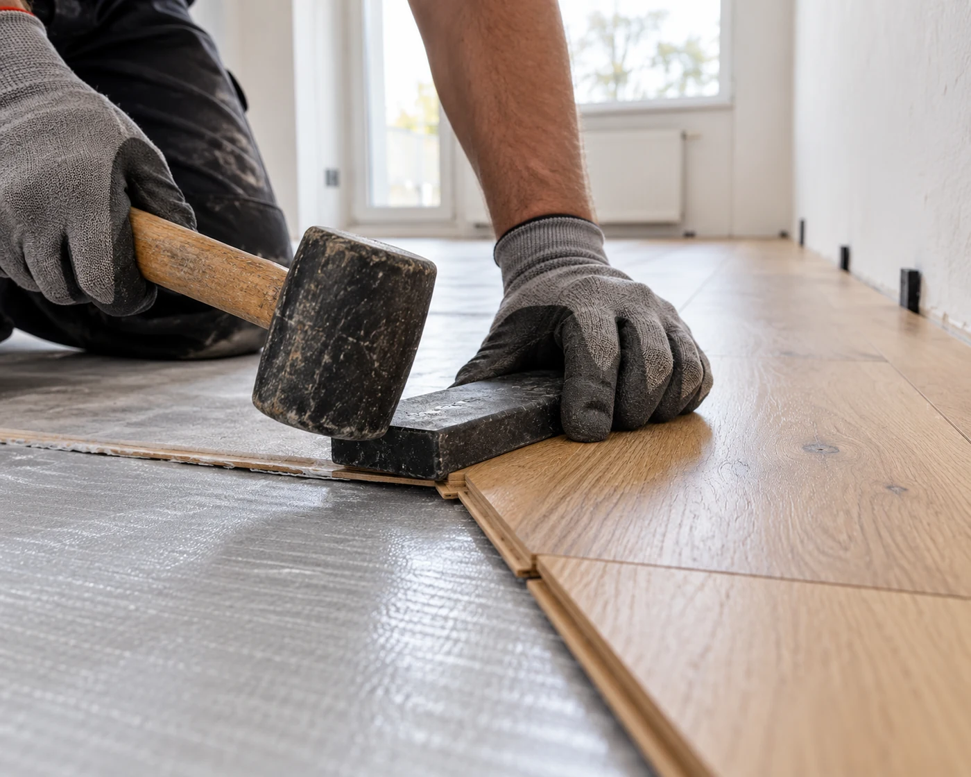 Bodenleger verlegt Laminat mit Gummihammer – Boden verlegen in Waldkraiburg