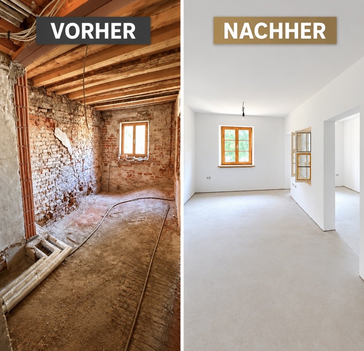 Altbauraum in Waldkraiburg vor und nach der Renovierung – Rohbau und fertig gestrichener Raum