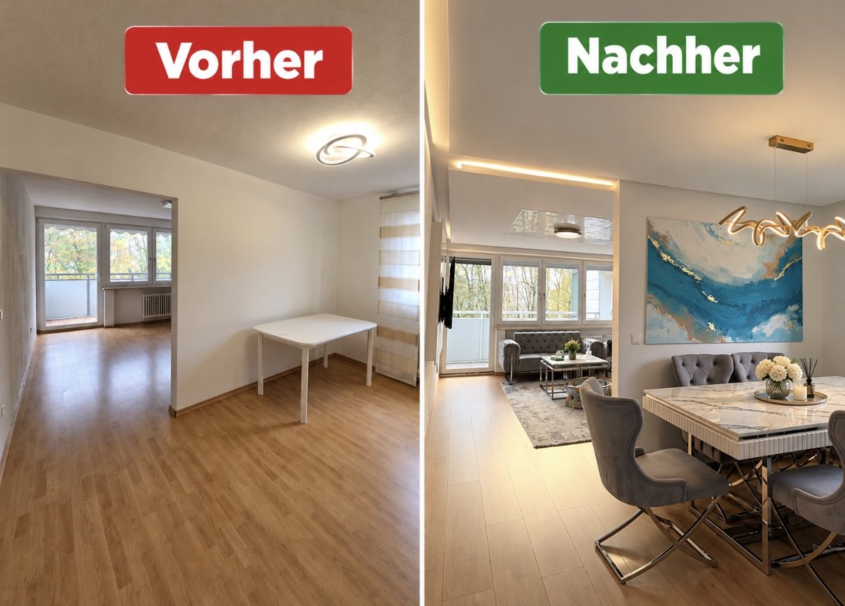 Fertig renoviertes Wohnzimmer mit Lichtdecke in Waldkraiburg